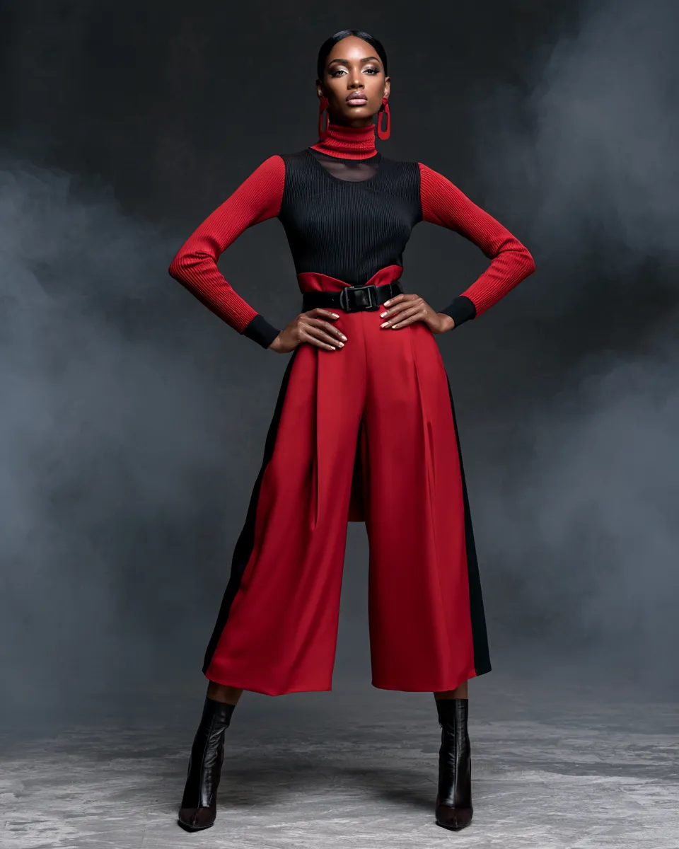 Studio fashion shoot for a glossy magazine featuring a woman in a chic red-and-black ensemble, standing pose with dramatic editorial lighting.