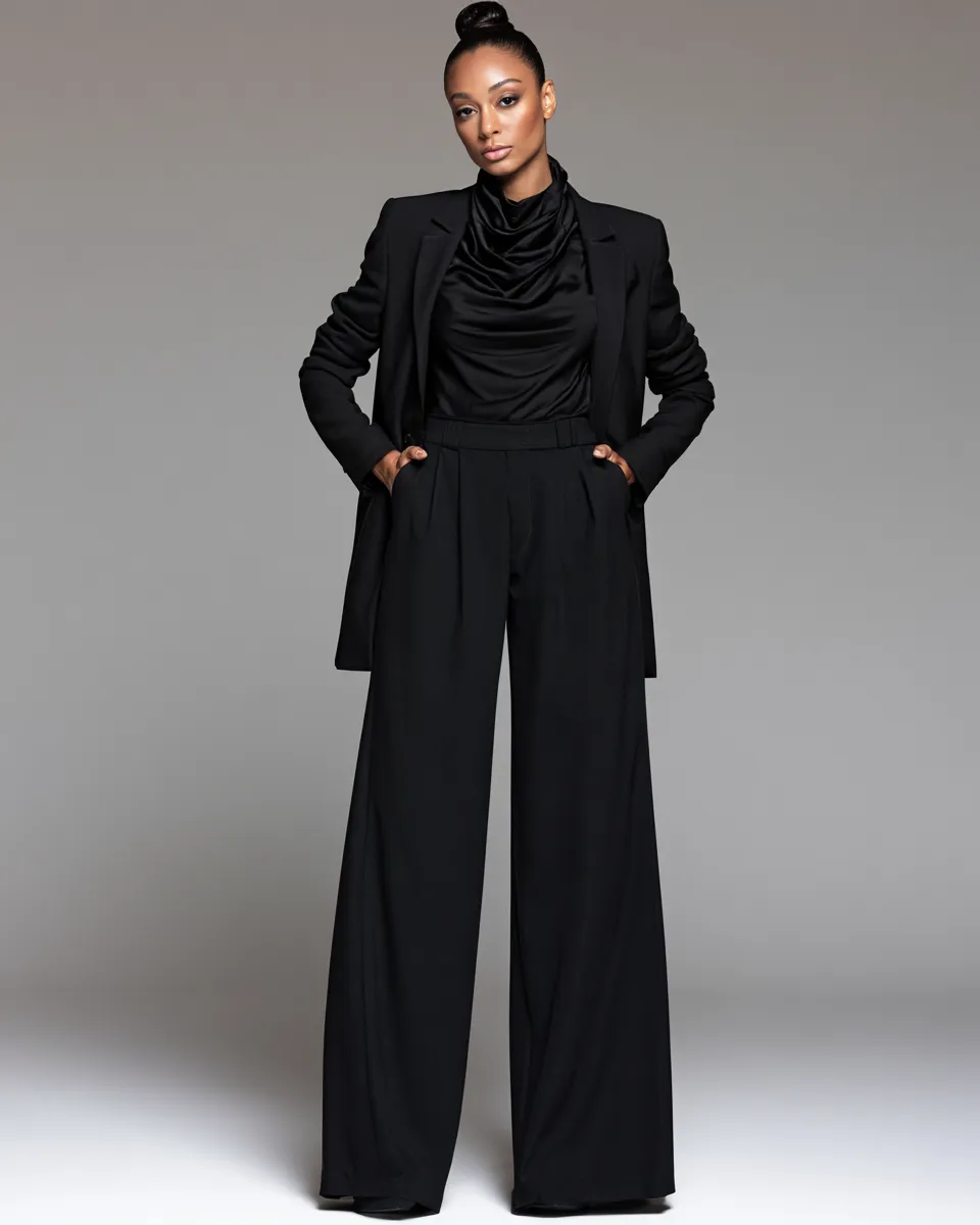 High-end fashion studio shoot of a model in a stylish black trouser and top ensemble, full body standing pose with dramatic editorial lighting.