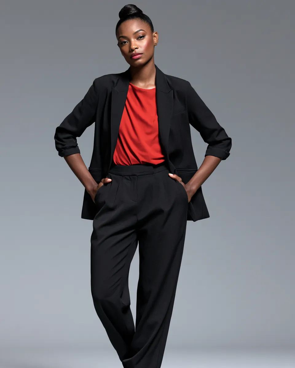 Fashion magazine editorial with a woman in a modern fashionable black outfit built around tailored trousers, studio backdrop, confident powerful stance.