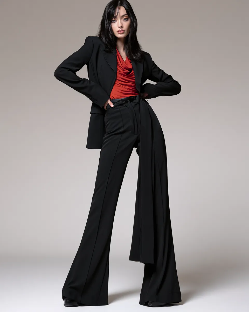 A model in a fashionable black trouser outfit with a blazer, editorial studio shoot, full-length standing pose, sharp silhouette and professional magazine lighting.