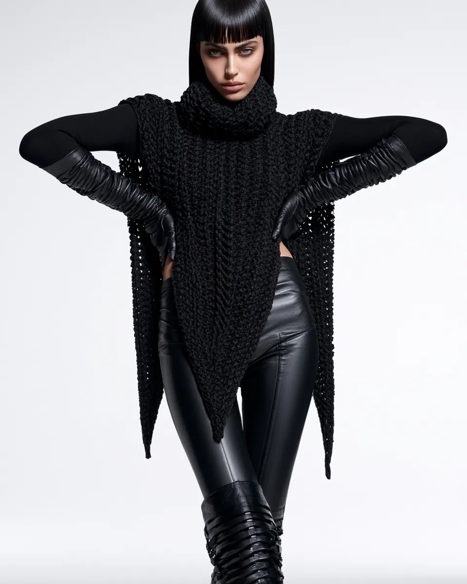 Model in a head-to-toe fashionable black look with layered textures, studio editorial shoot, full-length standing pose with dramatic lighting.