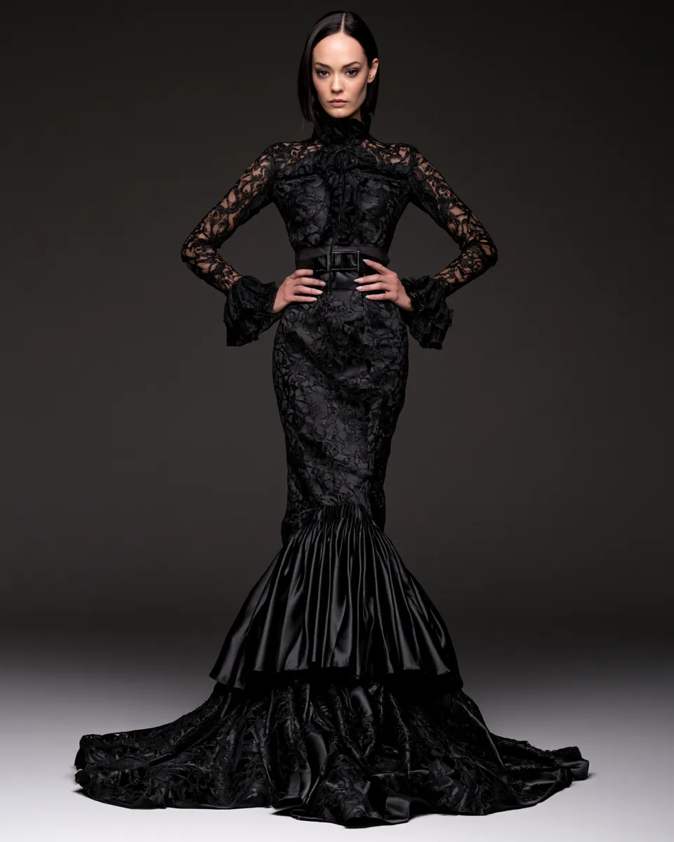 High-fashion studio editorial featuring a woman in a luxurious black satin and lace ensemble, confident standing pose, ultra-detailed fabric, magazine photography.