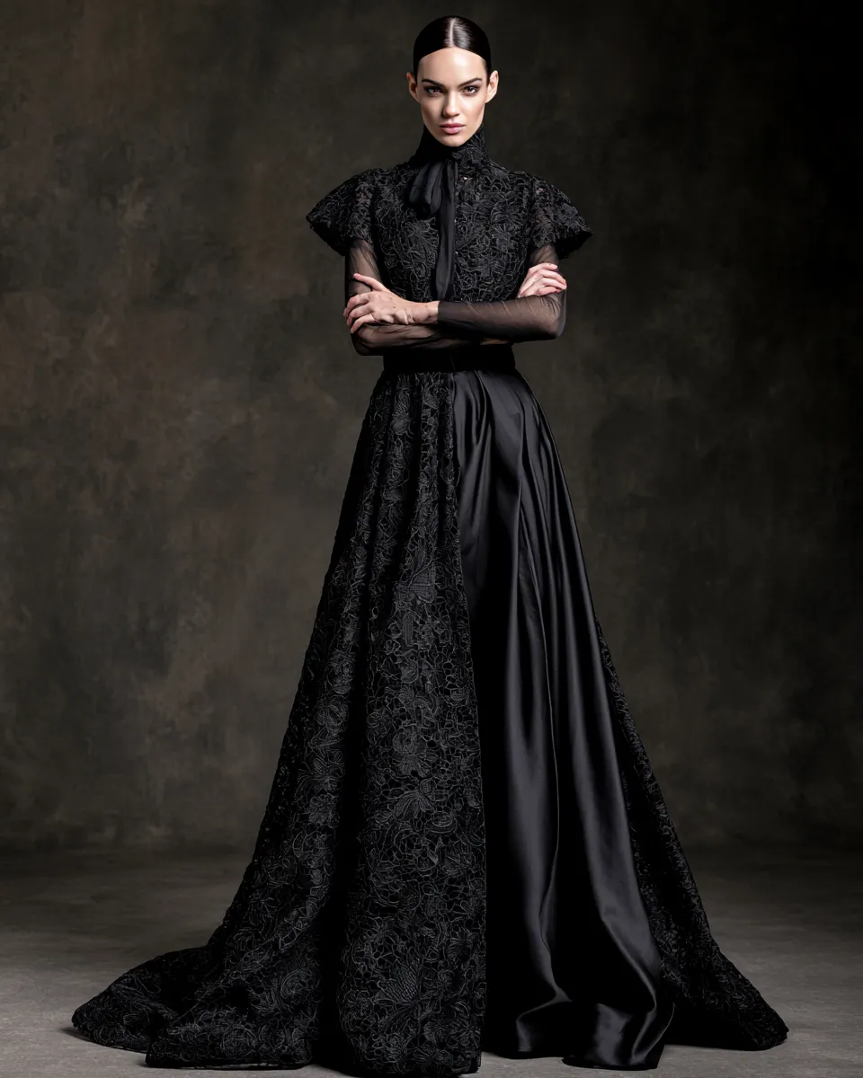 Fashion magazine studio photography of a woman in a striking fashionable black statement look with gothic lace details, powerful full-body standing pose.