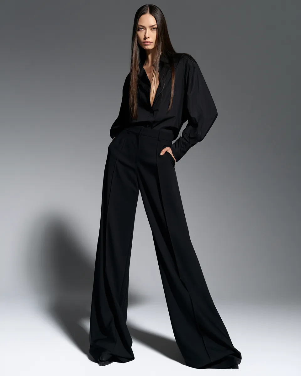 Studio fashion editorial featuring a woman in a chic all-black ensemble, standing pose with moody shadows and high-contrast magazine lighting.