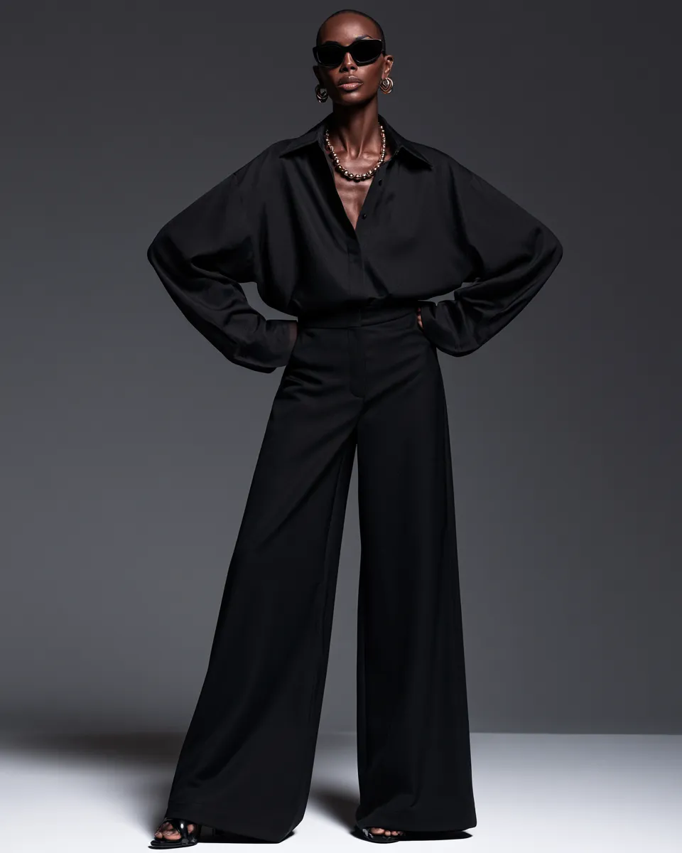 High-fashion studio photography of a model wearing a black fashionable outfit, bold posture, minimalist backdrop, luxury editorial aesthetic.