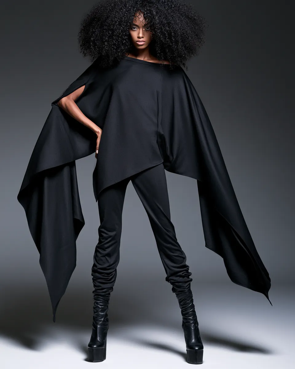 A model in a fashionable black outfit posing confidently in a fashion studio shoot, full-length editorial look with dramatic lighting and sharp silhouette.