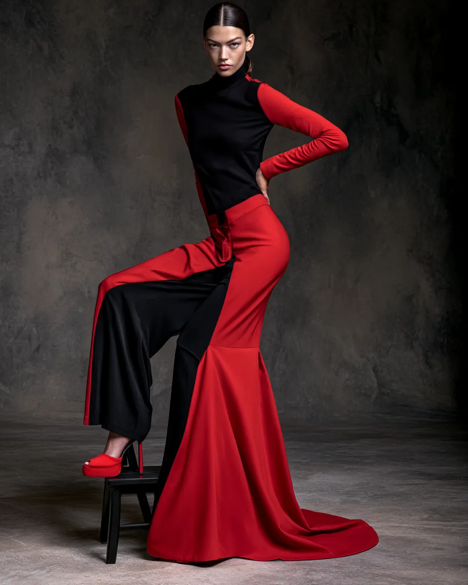 A model in a red and black fashionable outfit standing confidently in a studio editorial shoot, bold color contrast, full-length magazine fashion photography.
