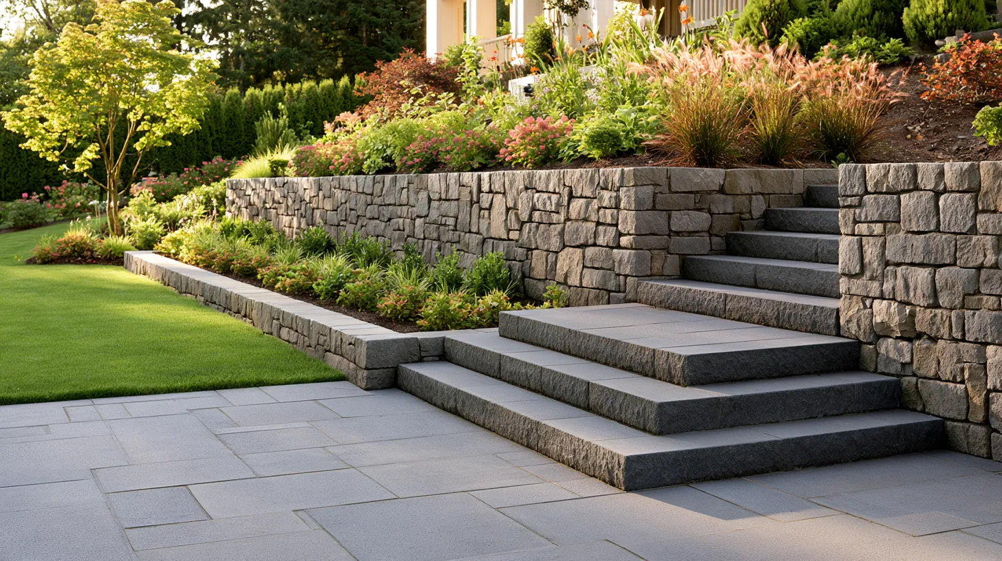 Backyard garden wall design ideas with natural stone steps, terraced beds, and seating patio below