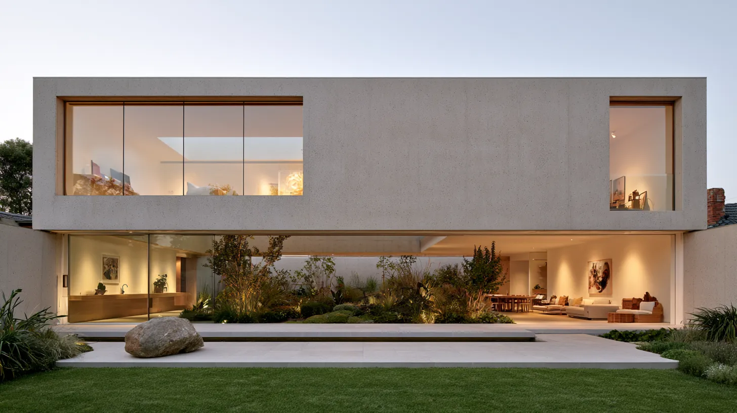 Indoor-outdoor garden design concept with concrete facade, living courtyard, and glass wall connections