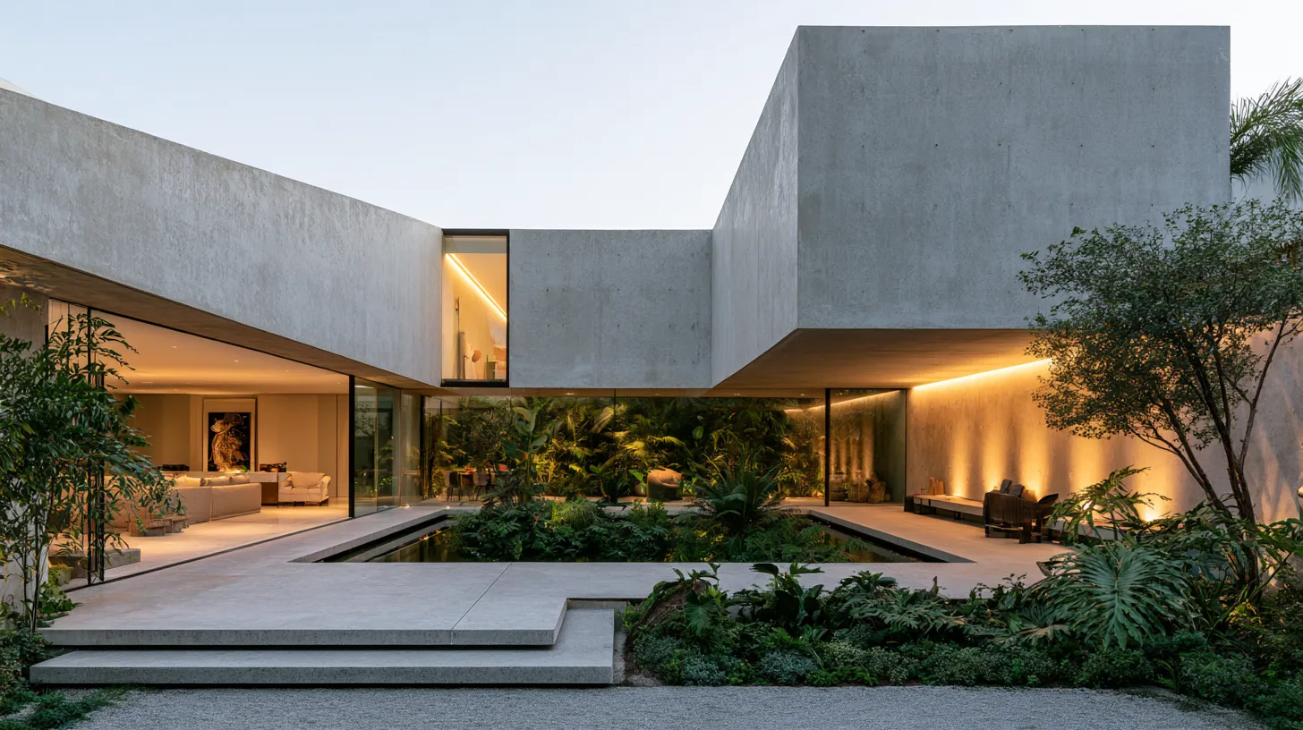 Architecture-integrated garden design with concrete house facade, glass walls, and lush interior courtyard planting
