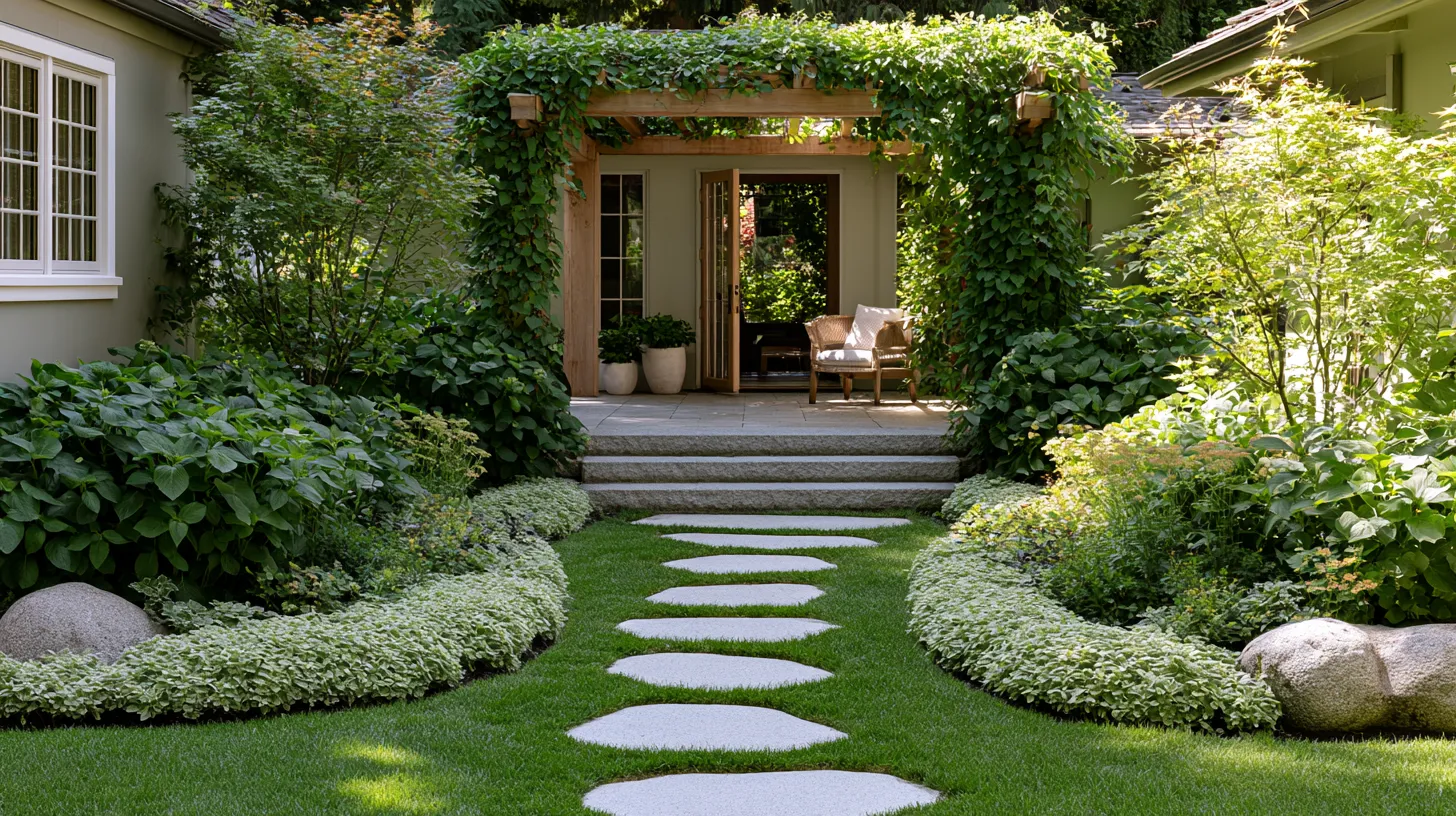 Modern outdoor garden design featuring mixed planting zones and architectural pergola structure