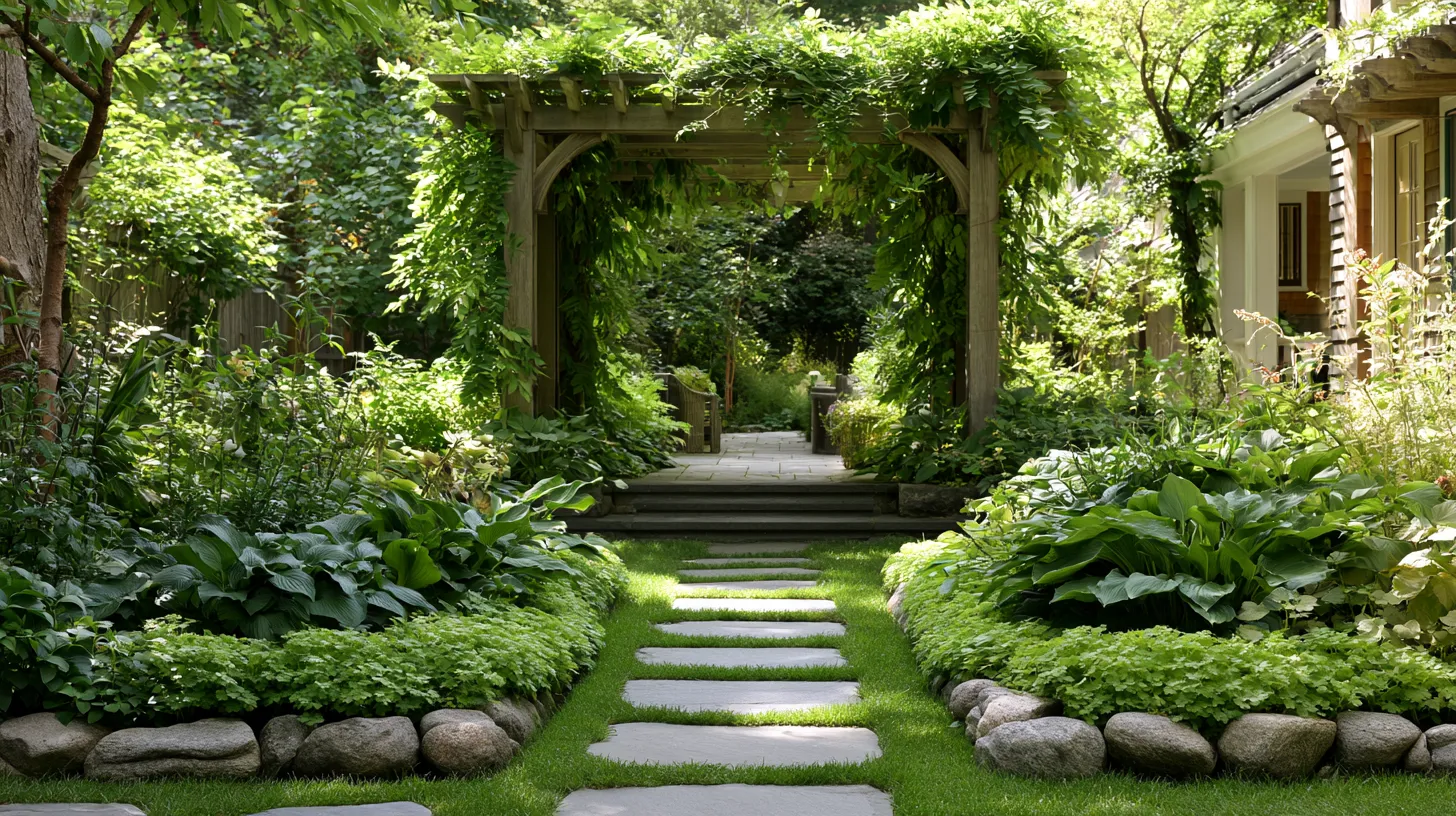Residential garden landscaping design with structured planting beds and pergola focal point