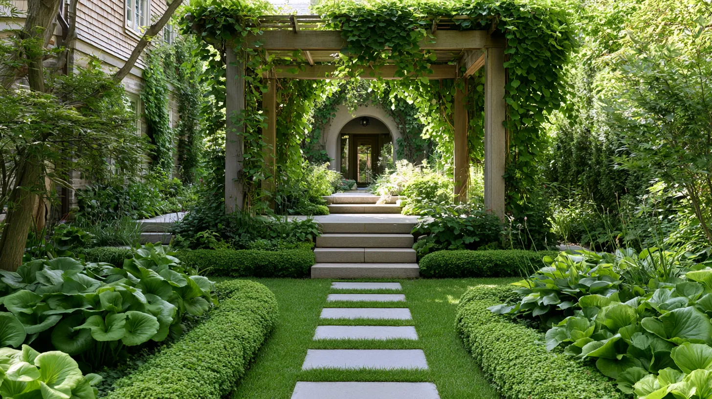 Creative garden design ideas with layered beds, stone path, and wooden pergola in a residential backyard