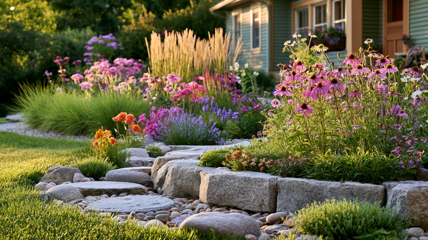 Ecological garden design ideas with native wildflowers, ornamental grasses, and a bioswale feature