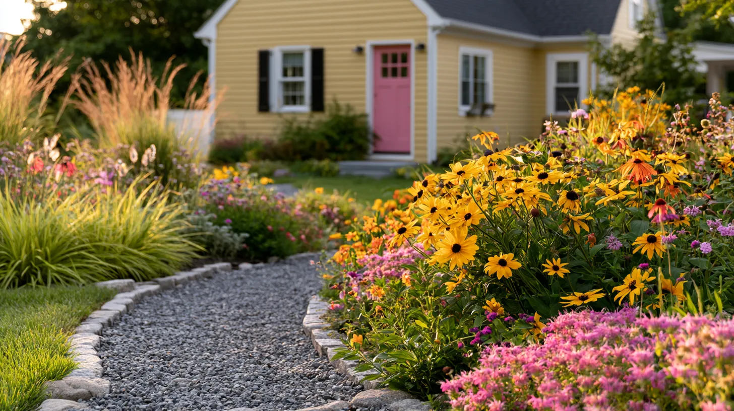 Sustainable garden landscape design featuring pollinator plants and natural stone edging