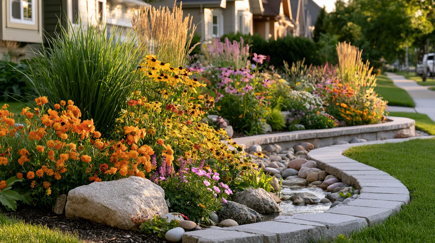 Water-wise outdoor garden design with drought-resistant ornamental grasses and rain garden