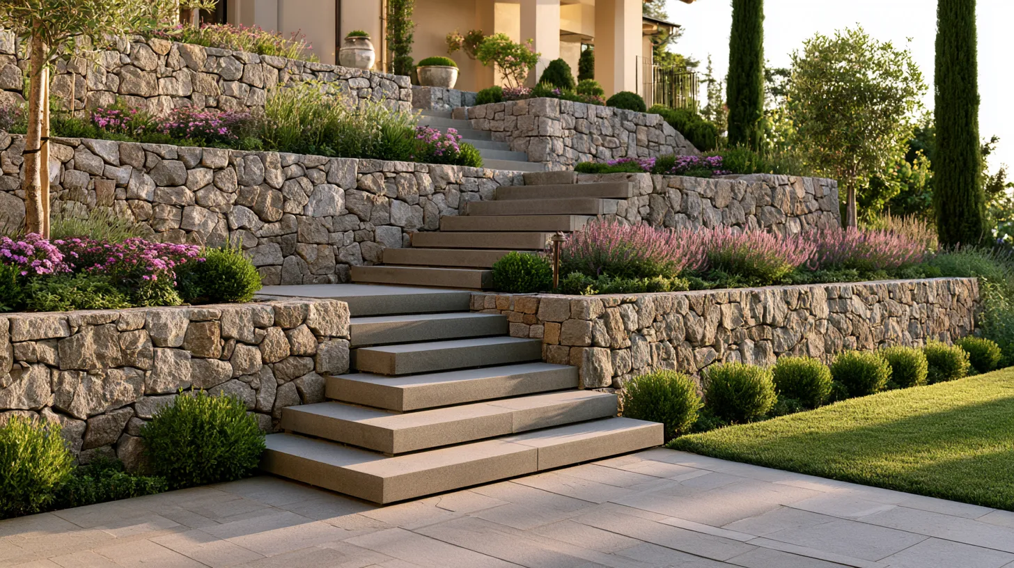 Garden hardscaping design ideas with stone retaining wall, planted terraces, and flagstone patio on sloped yard