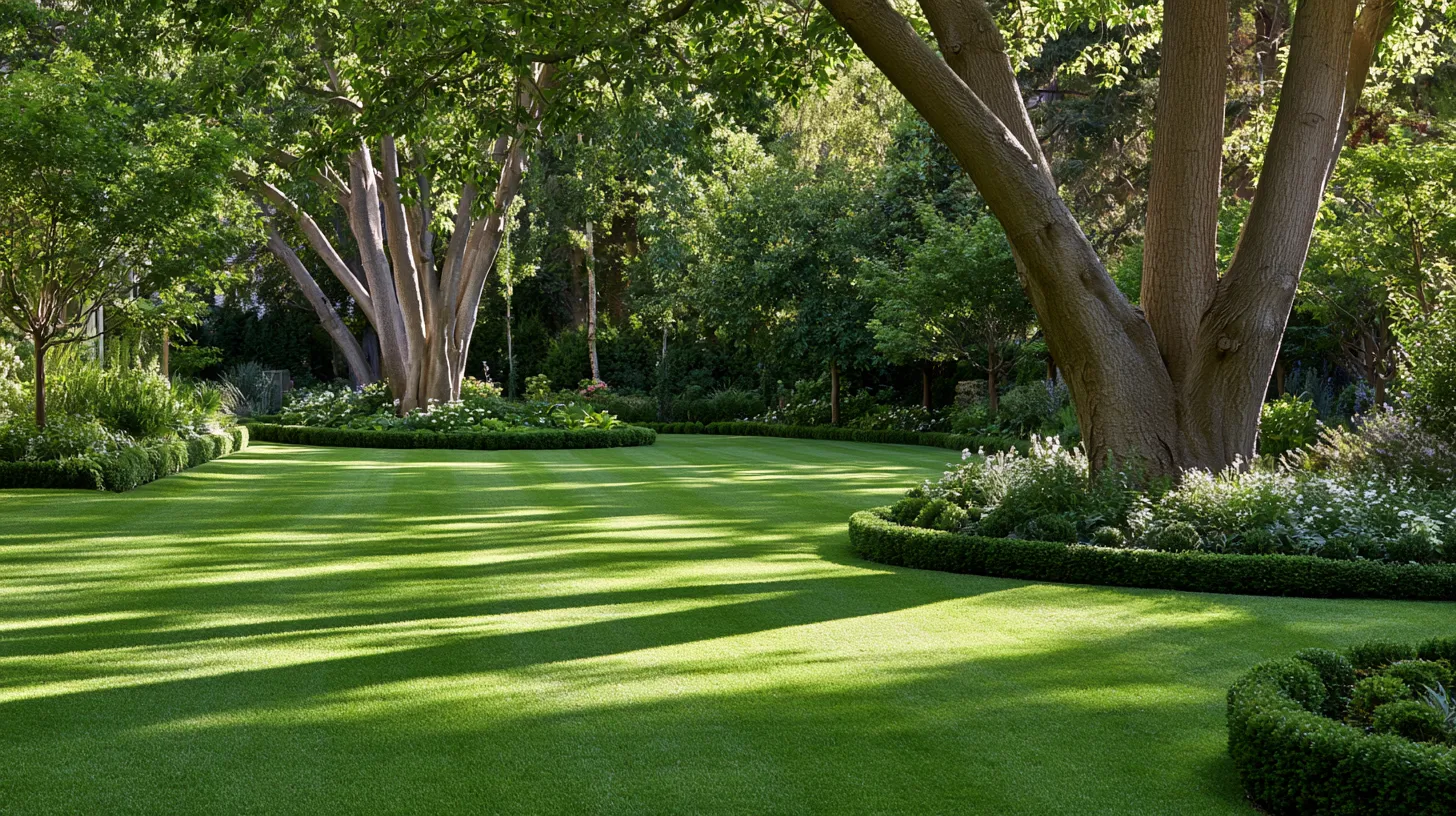Healthy residential garden design with manicured lawn, ornamental planting borders, and shade trees
