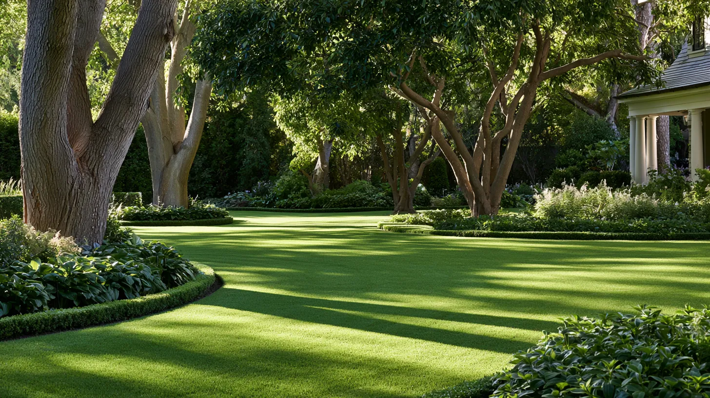 Garden lawn care design with clean grass edges, mixed planting beds, and mature canopy trees
