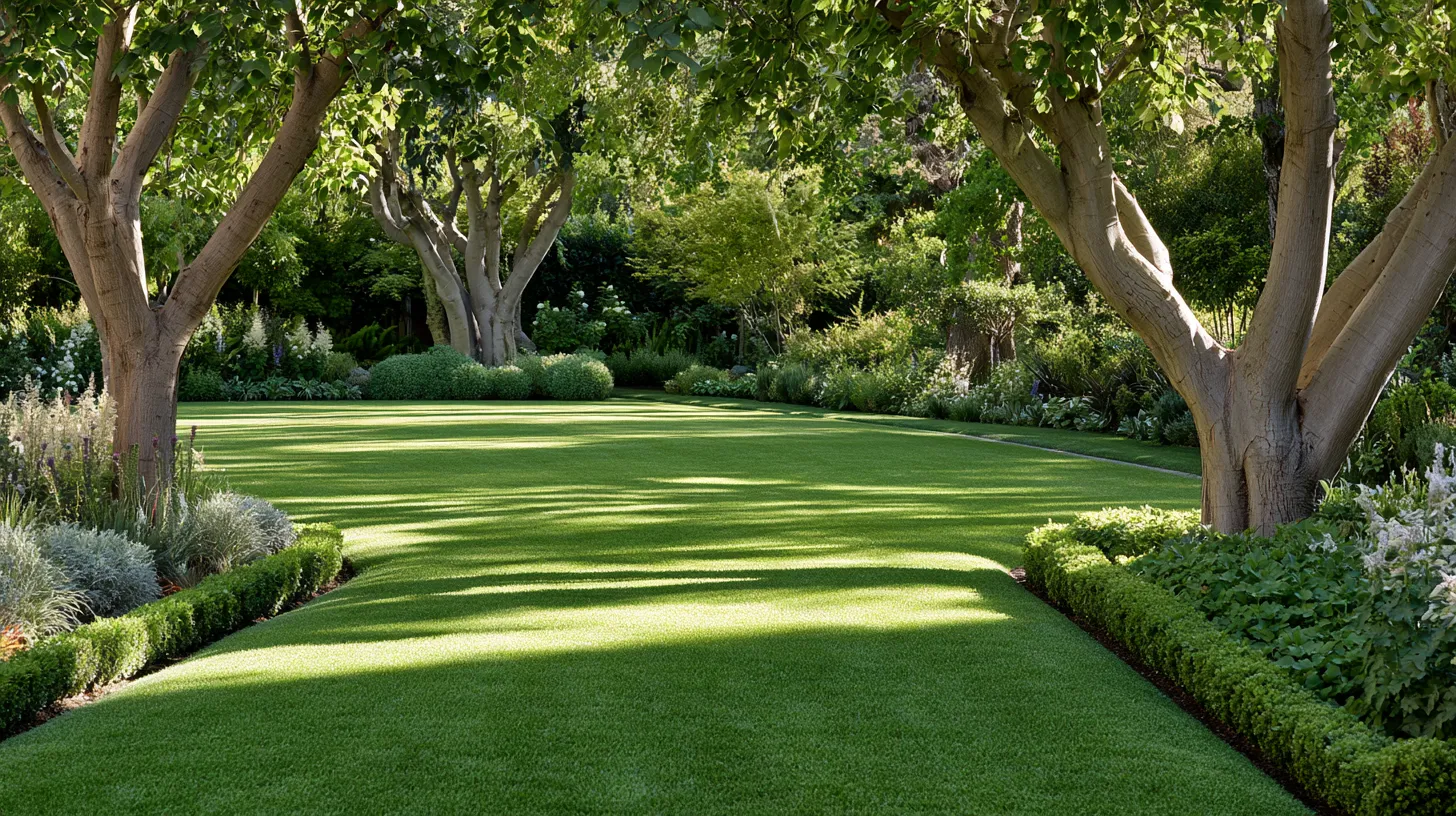 Backyard garden design featuring well-maintained turf, shaped lawn borders, and perennial plantings