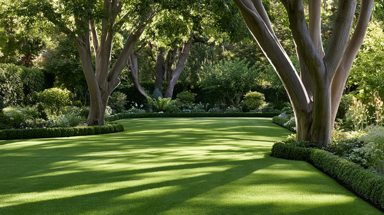 Classic garden landscaping design with neat lawn, ornamental trees, and structured planting zone