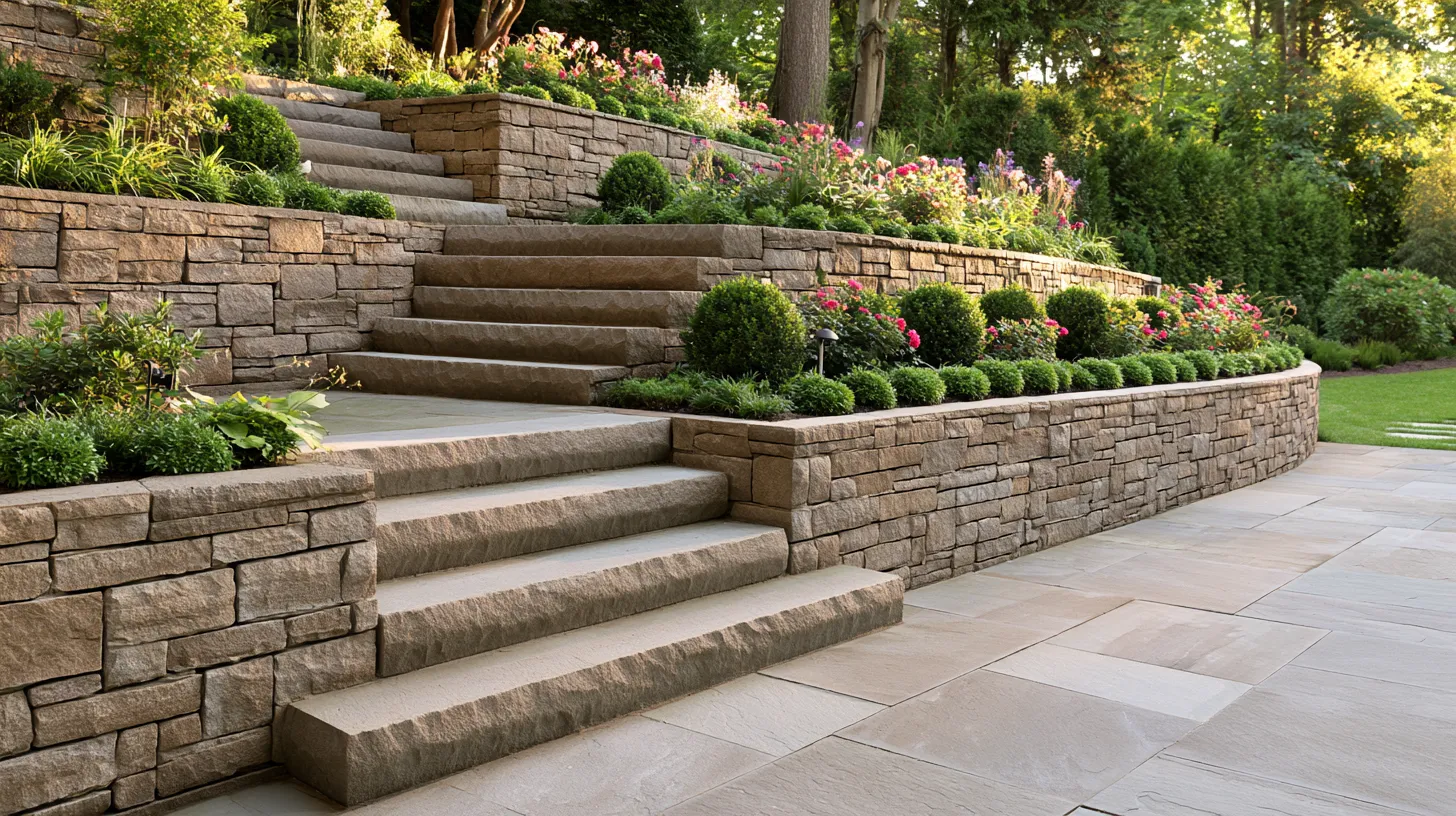 Sloped backyard landscaping with tiered stone walls and wide garden steps leading to patio
