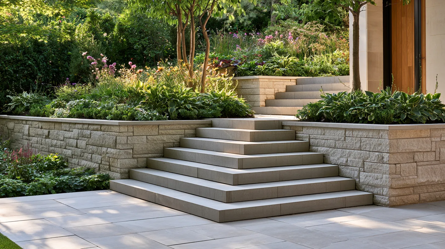 Residential garden design featuring stone retaining terraces with lush perennial planting between levels
