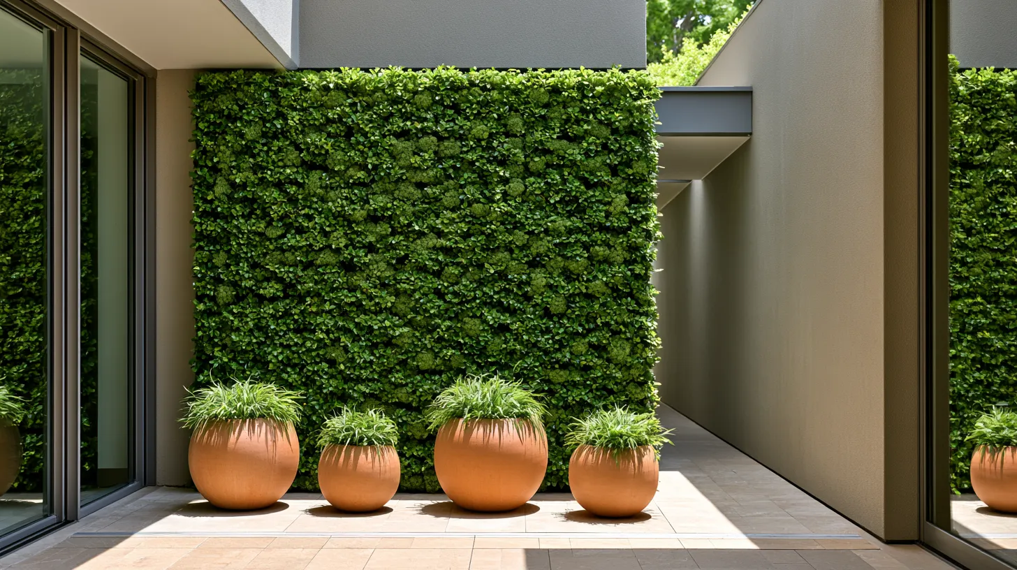 Contemporary vertical gardening design on home exterior wall with mixed foliage and container planting