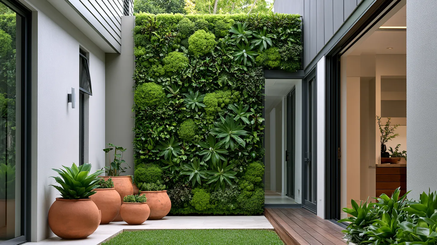 Vertical garden design ideas for small spaces with layered wall planting and terracotta pots on narrow patio