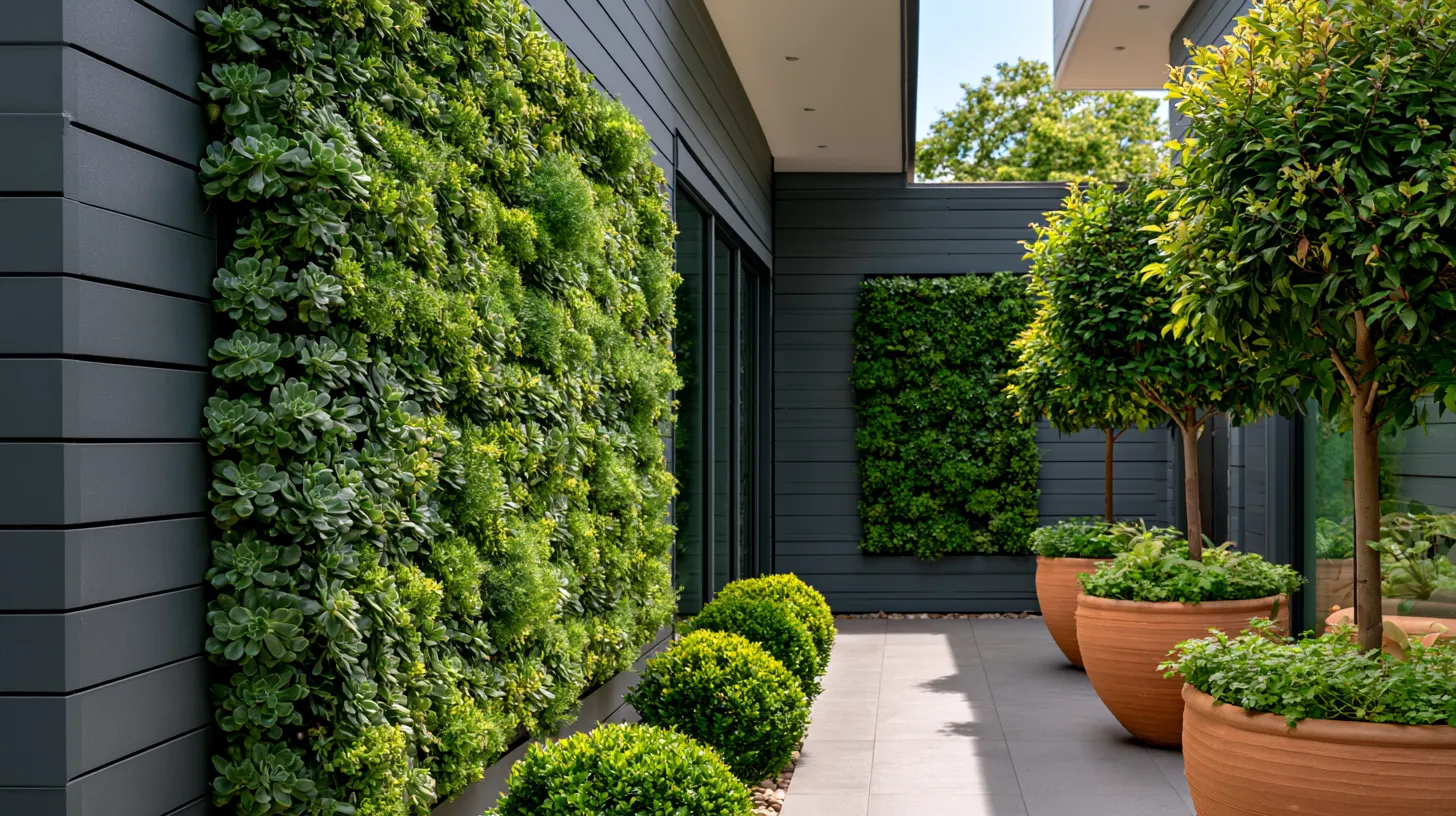 Urban container garden design featuring living wall and clustered Mediterranean-style potted plants