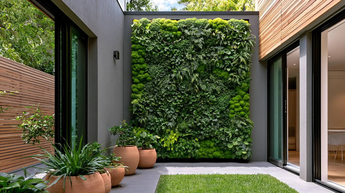 Small space outdoor garden design ideas with vertical green wall and modern architectural backdrop