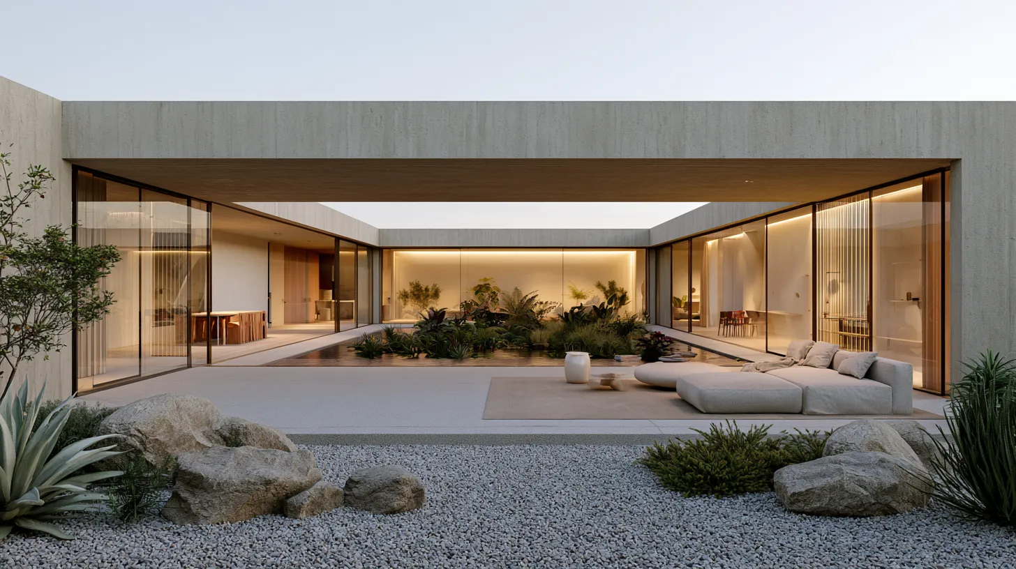 Contemporary garden design integrated into residential architecture with floor-to-ceiling glass and inner garden