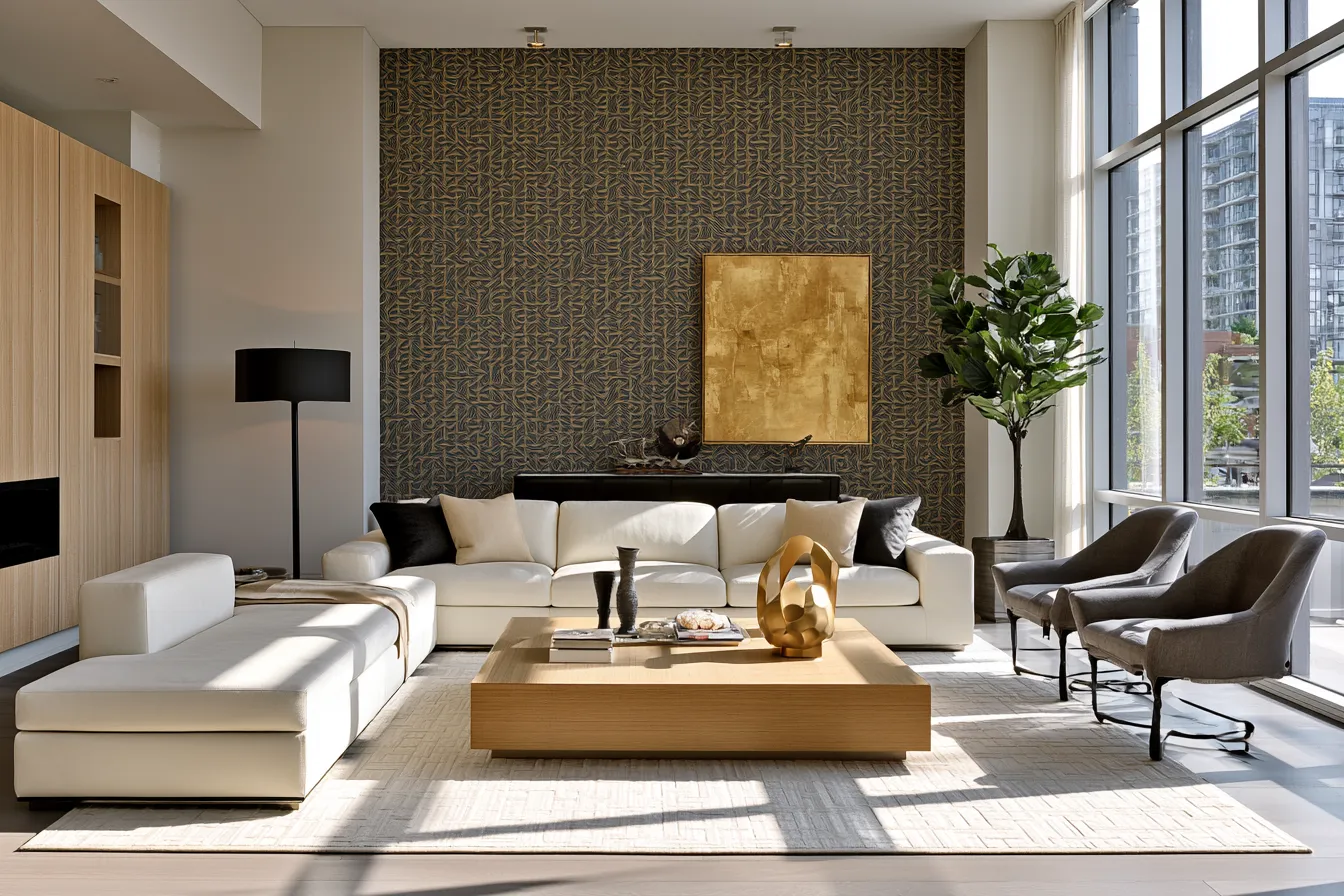 geometric style interior design in a modern living room with angular furniture and patterned accent wall
