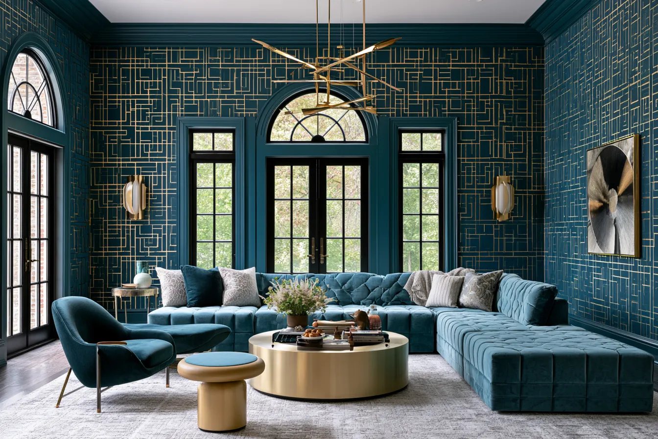 geometric interior design ideas for living room with statement wallpaper and sculptural lighting