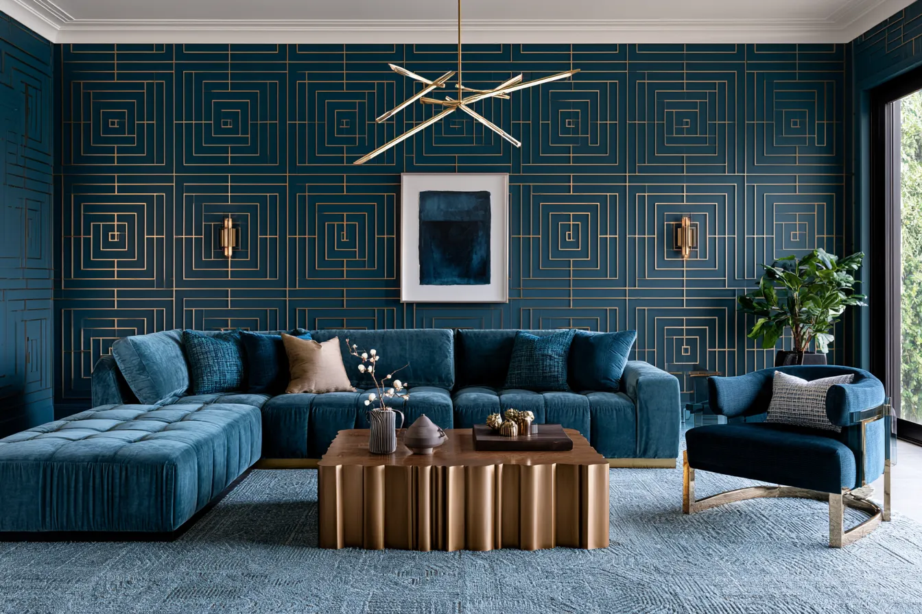 modern geometric home decor with bold patterned feature wall and modular furniture
