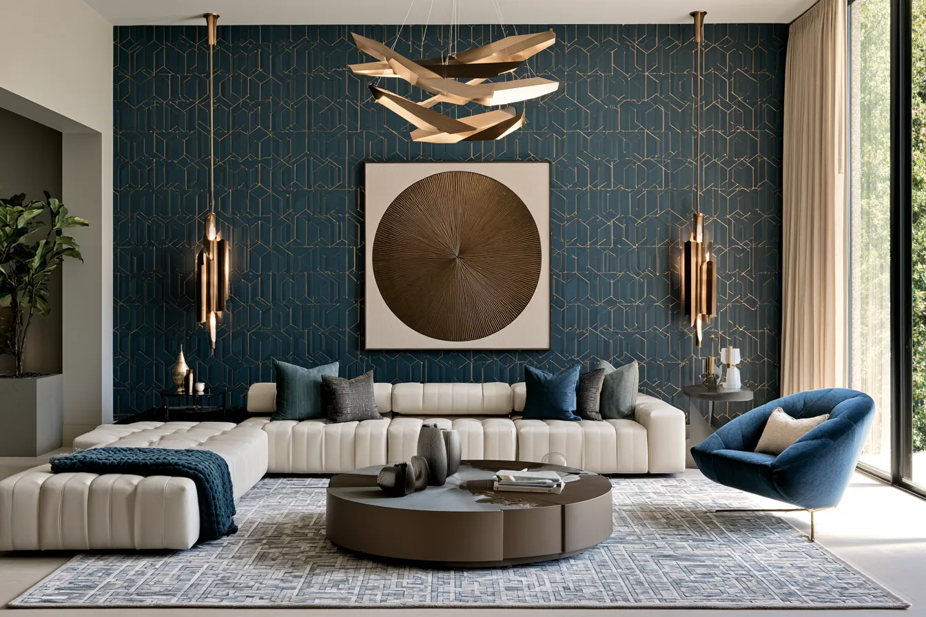 geometric style design in living room featuring repeating angular motifs in teal brass and white