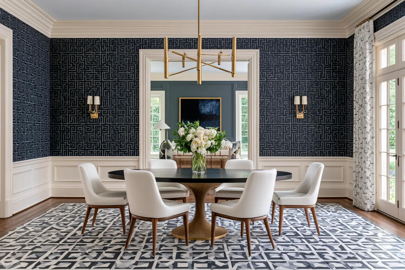 modern geometric home dining space with repeating angular motifs on walls and floor