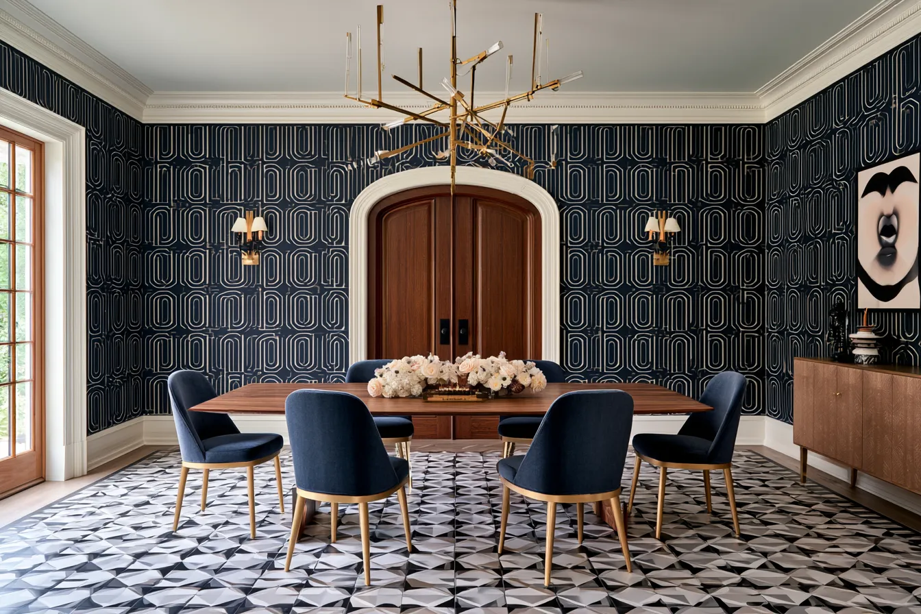geometric pattern design in a formal dining room with brass fixtures and dark tonal wallpaper