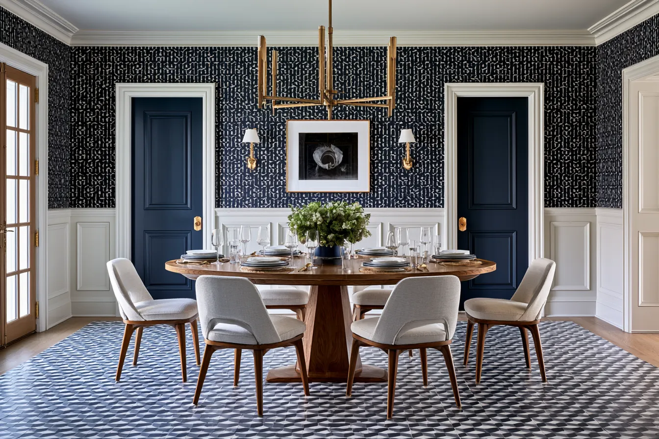 geometric style dining room with patterned tile floor and angular brass chandelier against dark navy wallpaper