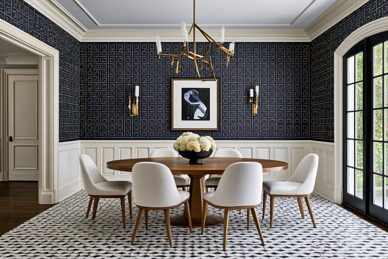 geometric interior design ideas for dining rooms featuring bold wallpaper and sculptural pendant lighting