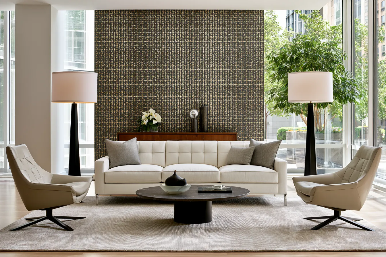 bold geometric interior design living room with gold and charcoal repeating pattern feature wall