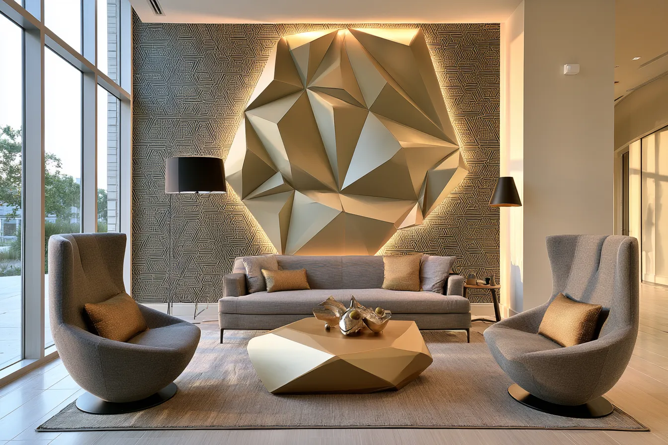 geometric pattern interior design ideas for living rooms with statement wall and contemporary furniture