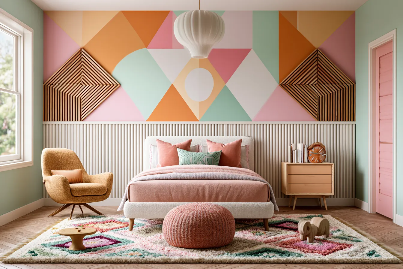 geometric home design nursery with playful pattern wallpaper and natural wood accents