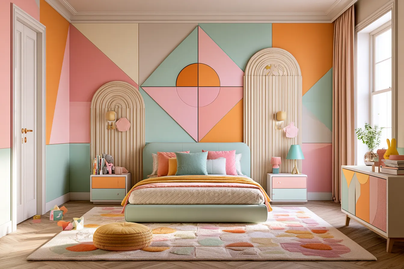 geometric style kids room with colorful patterned wallpaper and wooden geometric wall art panels