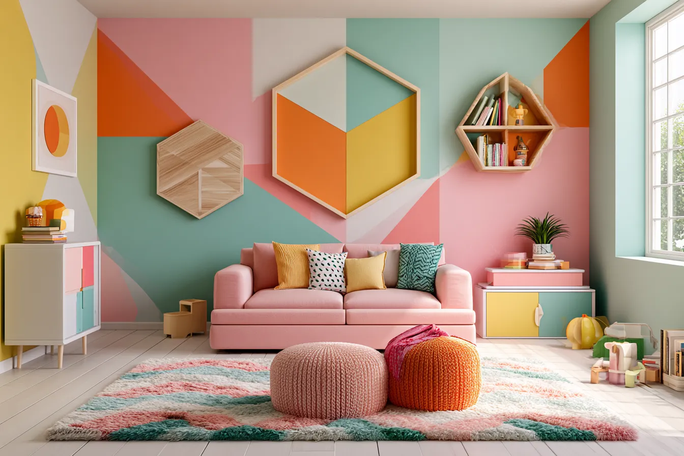 geometric design for children's room with pink orange and mint repeating pattern wallpaper and soft rug