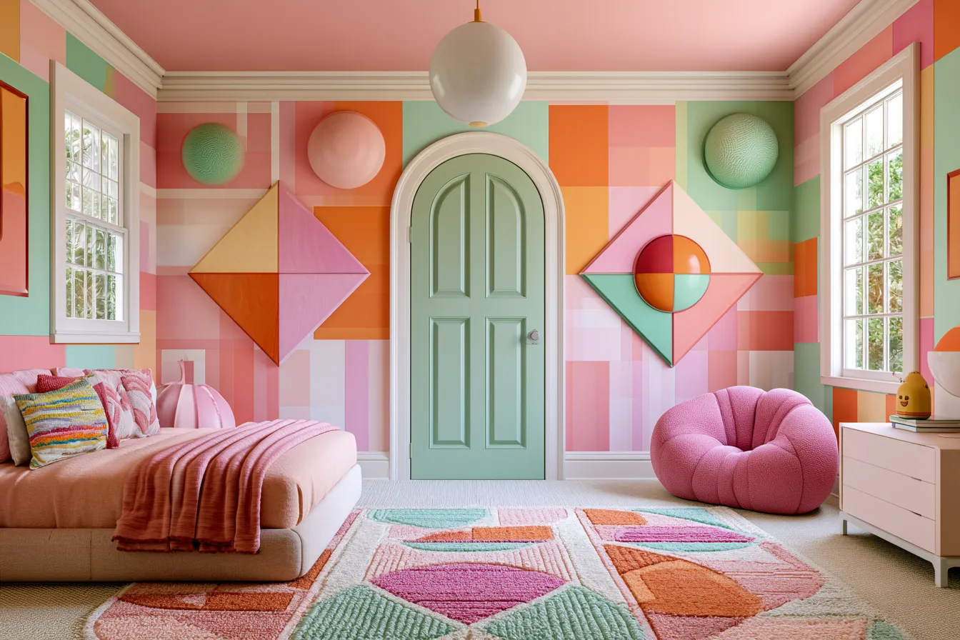 modern geometric interior design ideas for kids rooms with bold color and angular wall decor