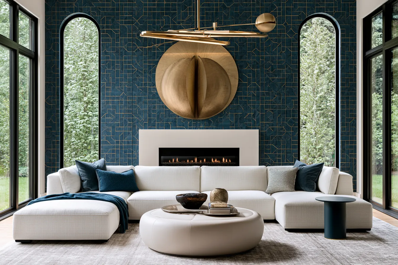 geometric pattern wallpaper in teal and brass with angular chandelier in a contemporary living room