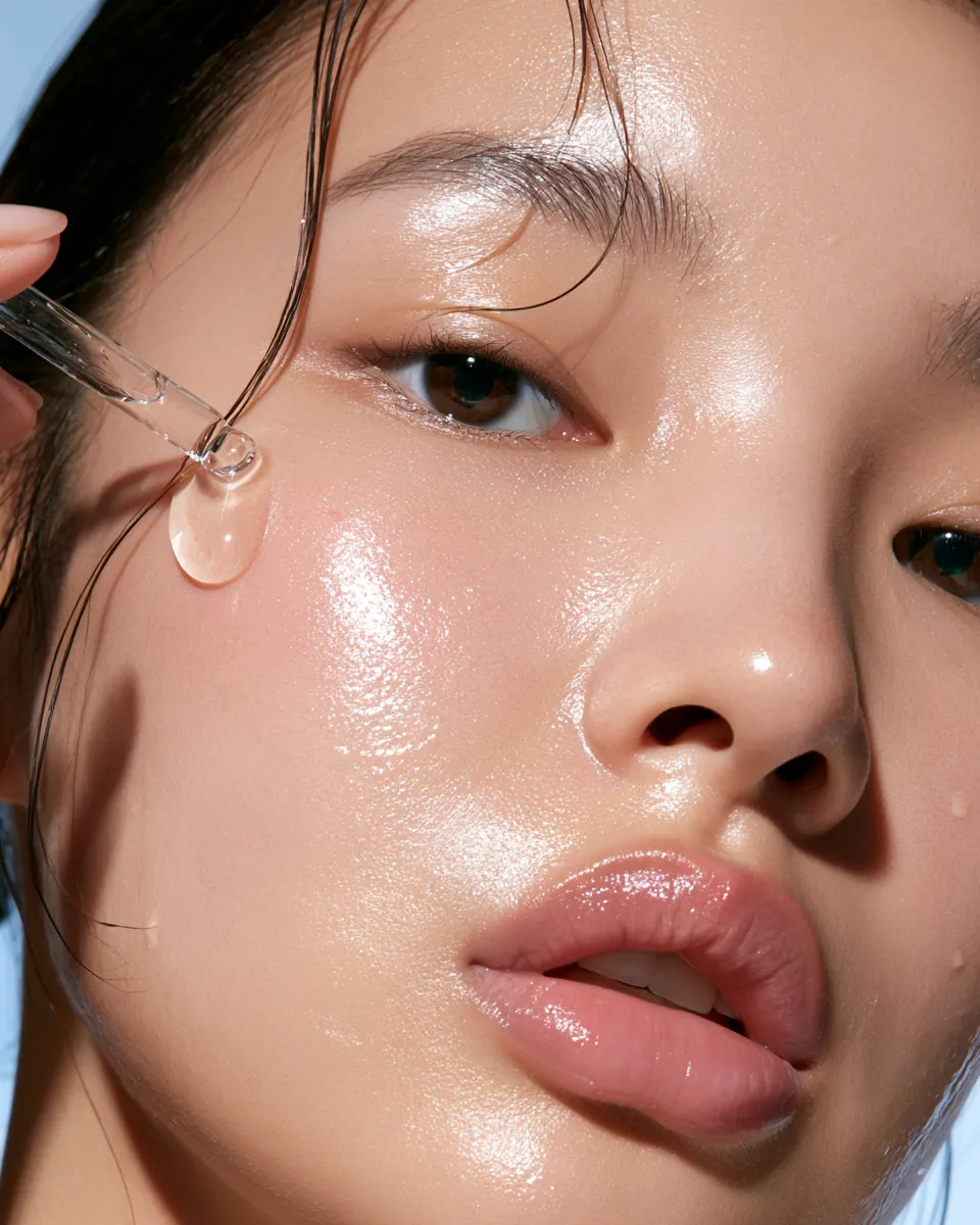 Lightweight serum application on a woman's face in a Korean beauty skincare editorial