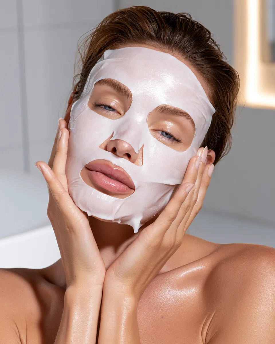 Sheet mask application step in a glass skin routine with glowing skin visible