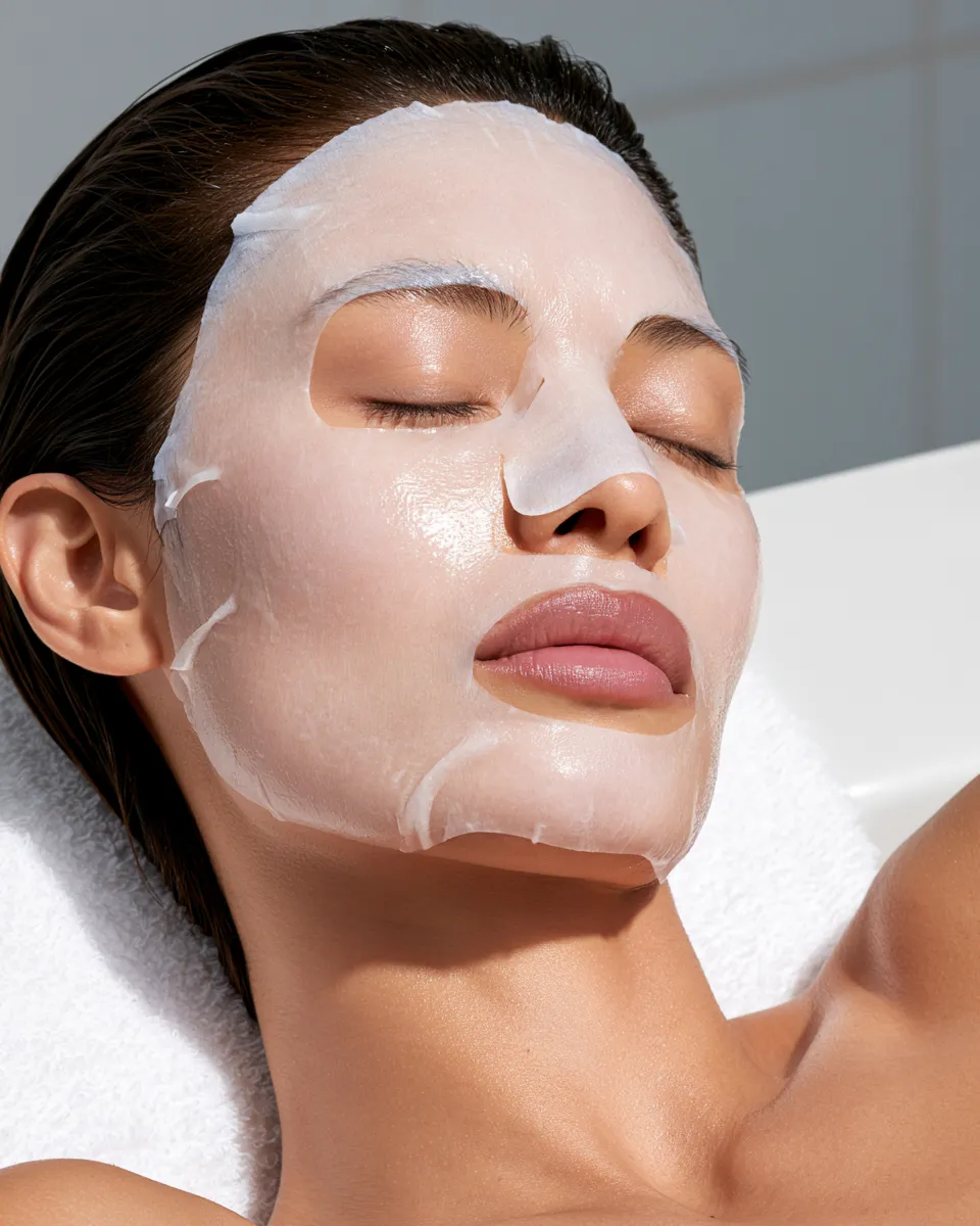 Korean beauty sheet mask being used for glass skin hydration in editorial skincare photograph
